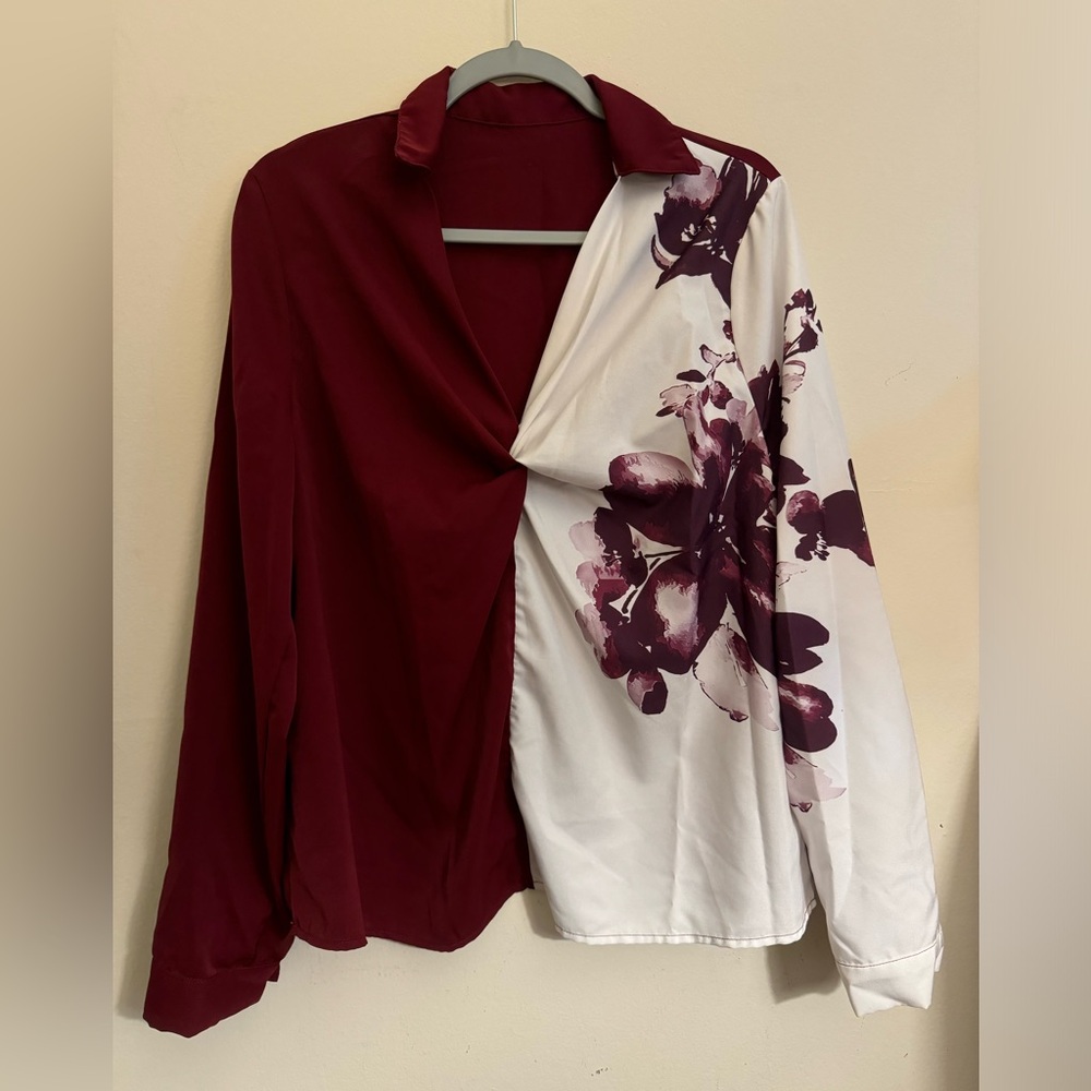 SHEIN blouse, long sleeves, size XL, burgundy and white
